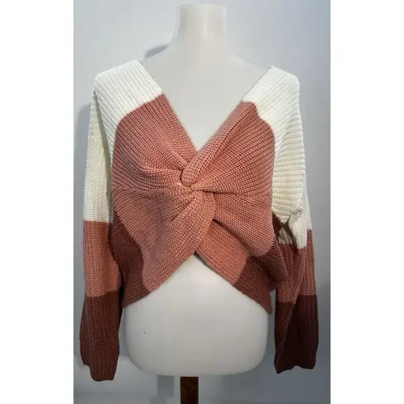 Fashion Nova Womens Twisted Sweater Blush Colorblock Crop Knit Size M NWT Boho - Picture 3 of 7